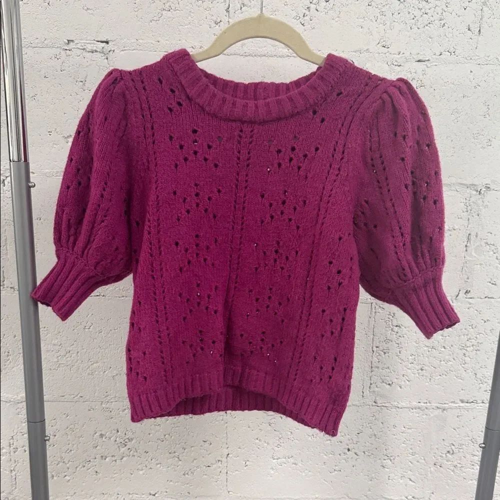 For Love & Lemons Magenta Short Sleeve Knit Sweater Puffed Shoulders Size Small
